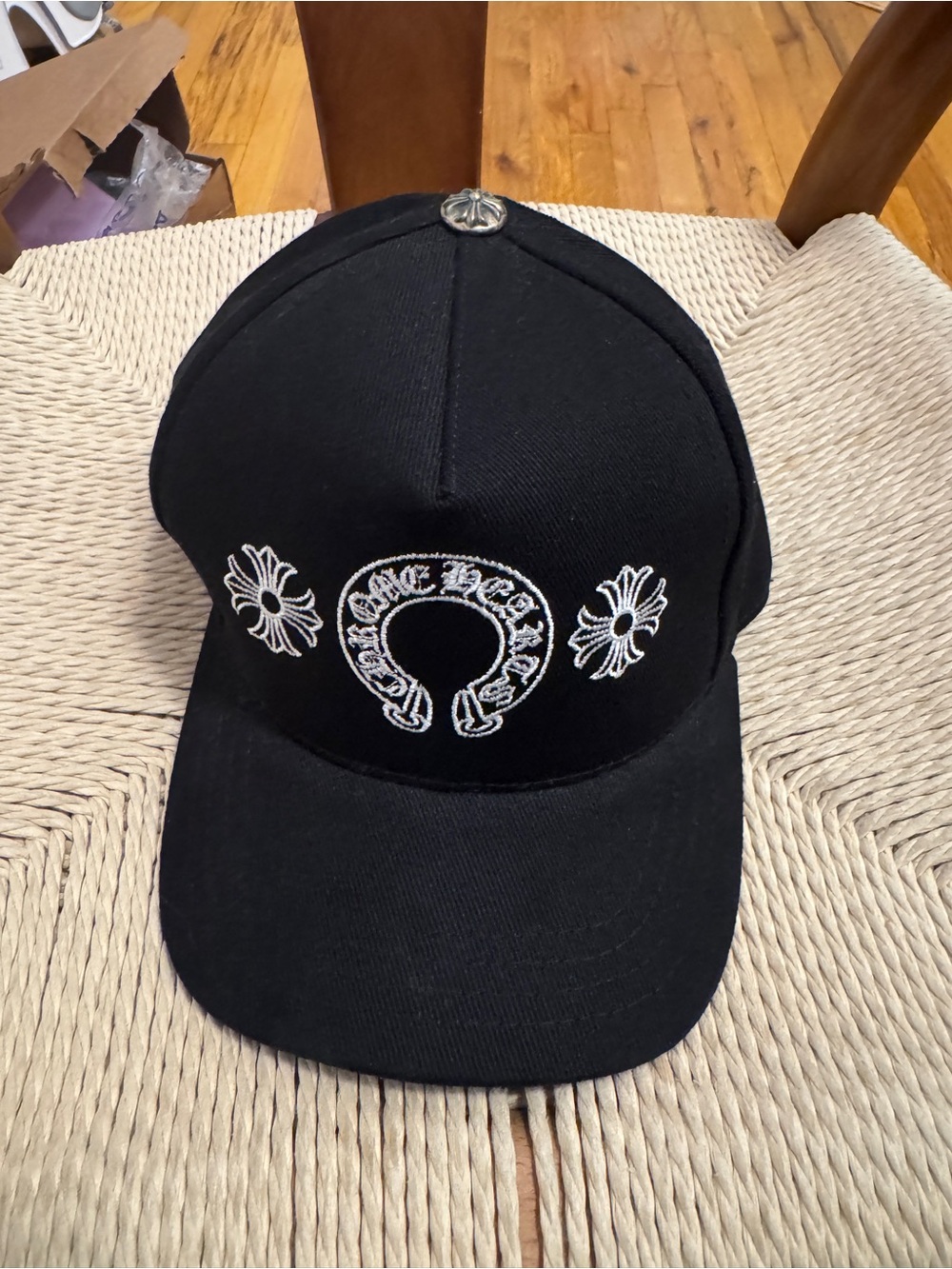 Chrome Hearts Black Cap with White Horseshoe & Cross Motifs